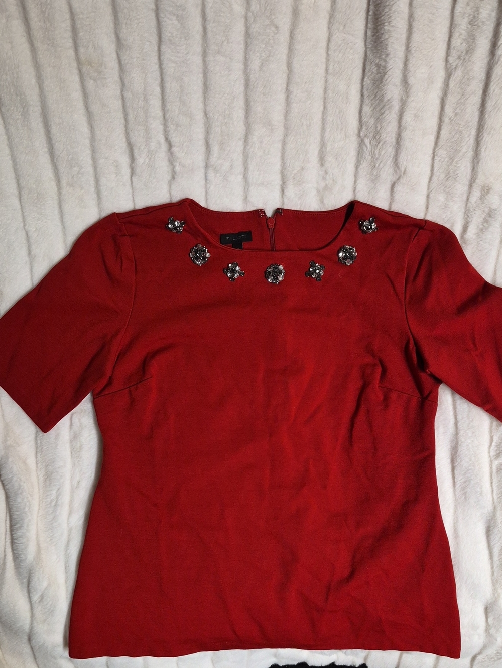 Talbots Red Short-Sleeve Top with Jeweled Neckline